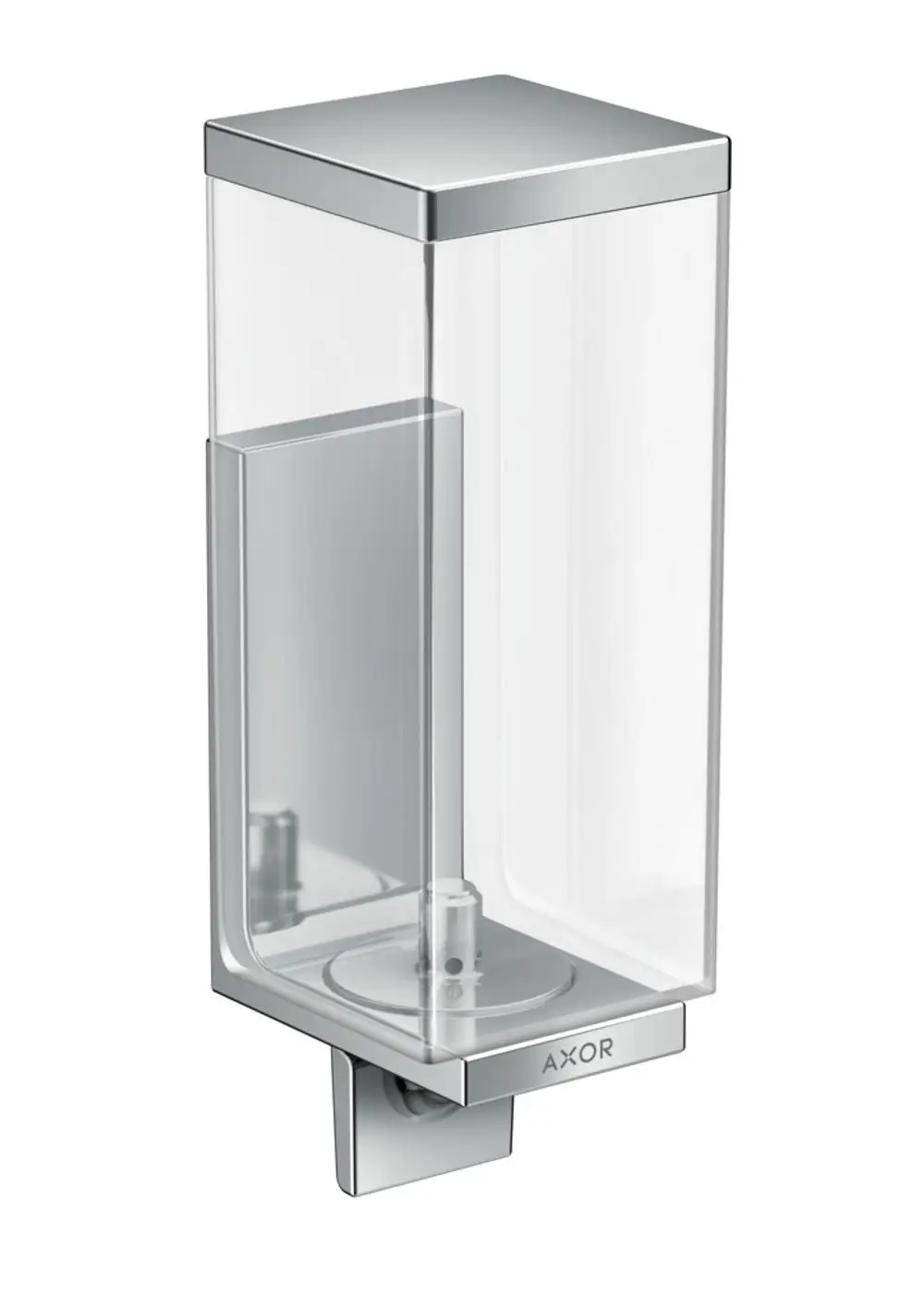 Transparenter Lotionenspender mit chromfarbener Wandhalterung, auf der Vorderseite eine Öffnung für die Befüllung. Produkt der Marke AXOR.